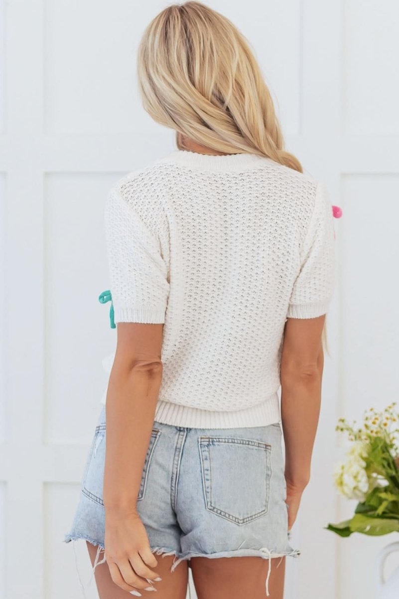Colorful Bow-Embellished White Knit Mock Neck Sweater - Love Salve